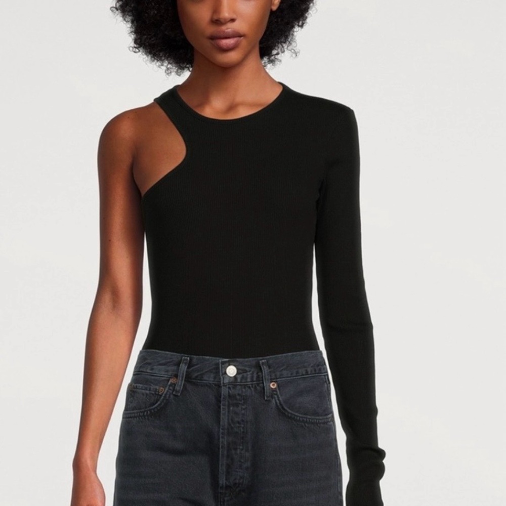 Agolde Bea Cutaway Bodysuit in Black Ribbed Long Sleeve Top Size Medium